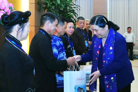 国会副主席丛氏放​向太原省模范少数民族代表赠送礼物。（图片来源：http://daibieunhandan.vn）