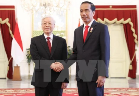 阮富仲总书记（右）与印尼总统维多多。
