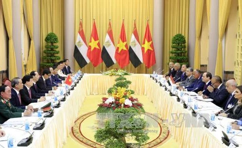 越南国家主席陈大光与阿拉伯埃及共和国总统阿卜杜勒•法塔赫•塞西举行会谈。