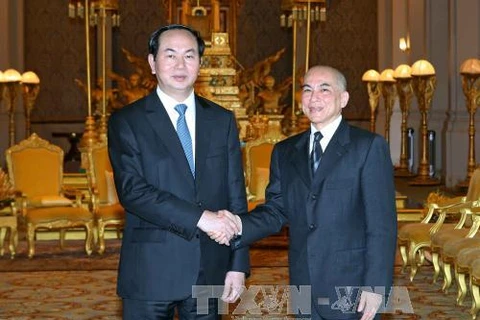 柬埔寨国王诺罗敦•西哈莫尼（右）于2016年6月会见来访的越南国家主席陈大光。（图片来源：越通社）