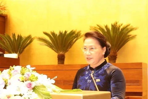 越南国会主席阮氏金银在会上发表讲话。（图片来源：越通社）