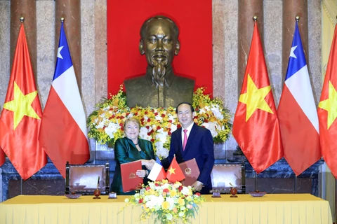 国家主席陈大光与智利总统米歇尔·巴切莱特召开联合新闻发布会