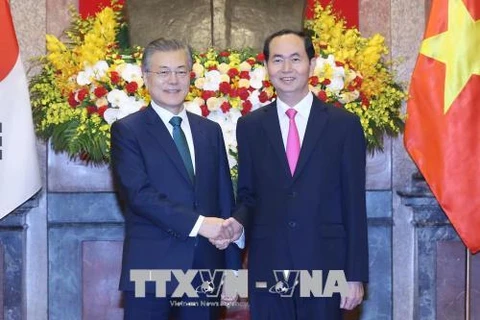 越南国家主席陈大光与韩国总统文在寅共同召开记者会