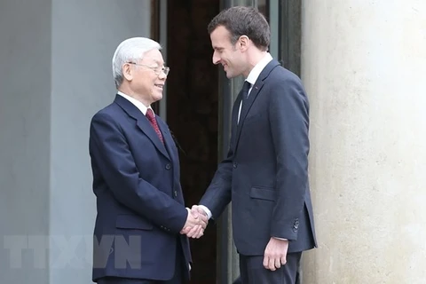 越共中央总书记阮富仲与法国总统埃马纽埃尔·马克龙。（图片来源：越通社）
