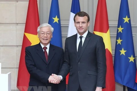越共中央总书记阮富仲与法国总统埃马纽埃尔·马克龙。（图片来源：越通社）