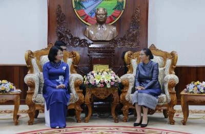 越南国家副主席邓氏玉盛会见老挝国会主席巴妮·雅陶都。（图片来源：越通社）