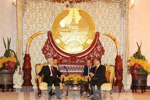 阮富仲会见原老挝人民革命党中央委员会总书记、老挝国家主席朱马利·赛雅颂