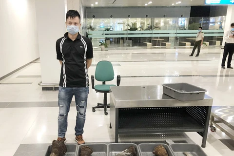 芹苴市警察调查处逮捕将近30公斤犀牛角从韩国运往芹苴市的不法人员