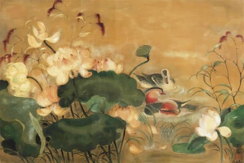 越南著名画家黎普画作《鸳鸯戏莲》以120万欧元的价格在巴黎苏富比成功拍卖 