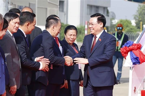 越南国会主席王廷惠抵达万象 出席三国国会高层会议 对老进行工作访问