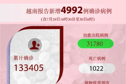 图表新闻：越南报告新增4992例确诊病例