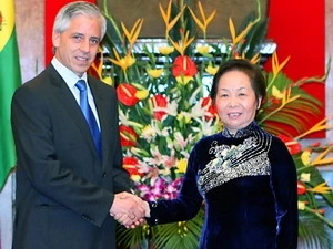 越南国家副主席阮氏缘与玻利维亚副总统阿尔瓦洛·加西亚·利内拉
