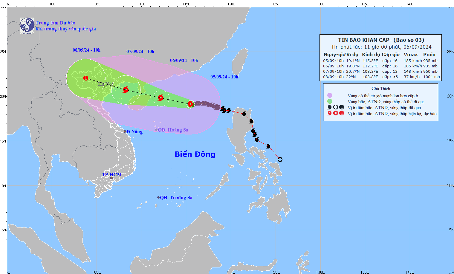 The predicted path of Typhoon Yagi (Source: National Centre for Hydro-Metorological Forecasting)