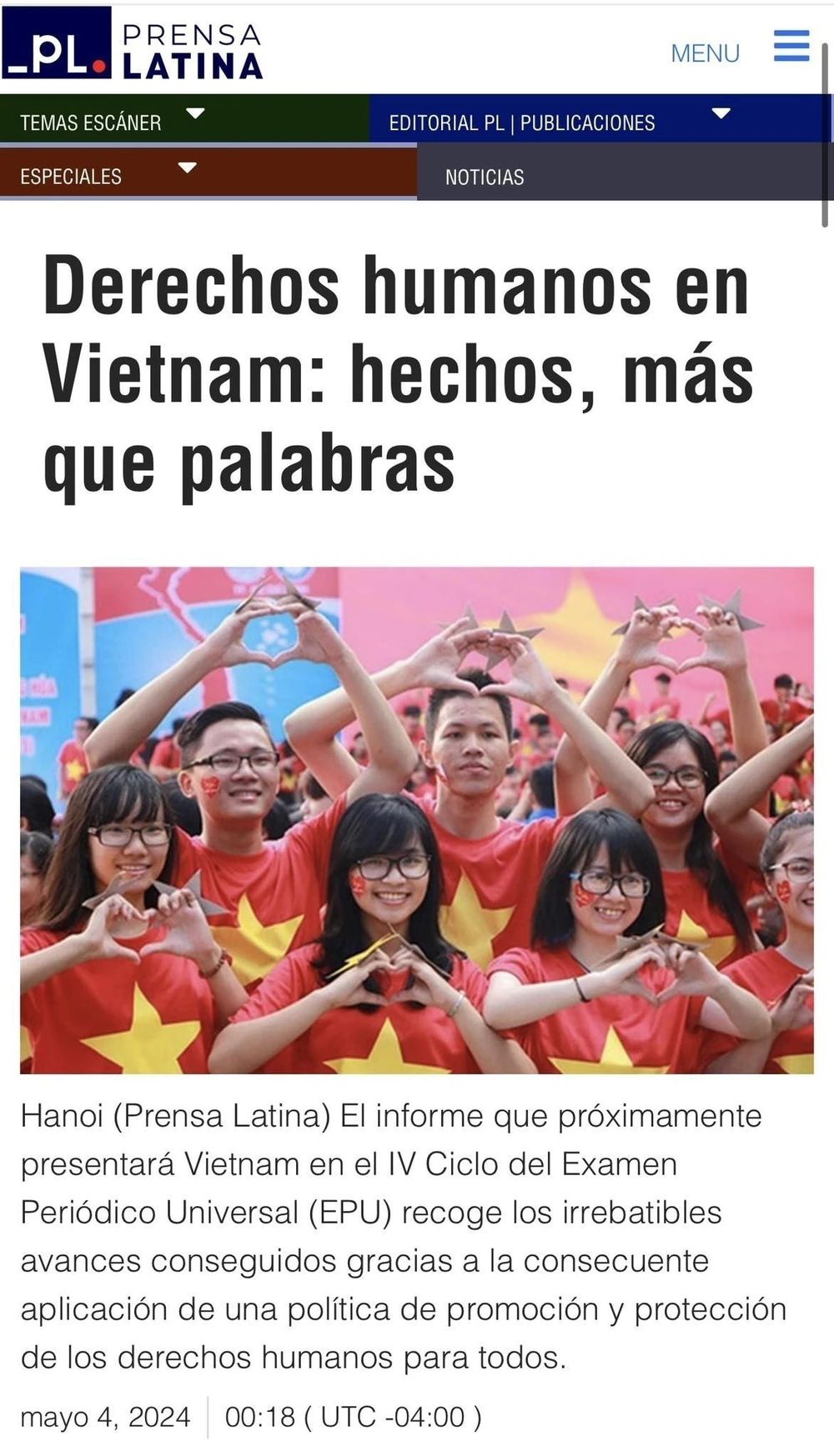The article on human rights in Vietnam published by Prensa Latina (Screenshot photo)