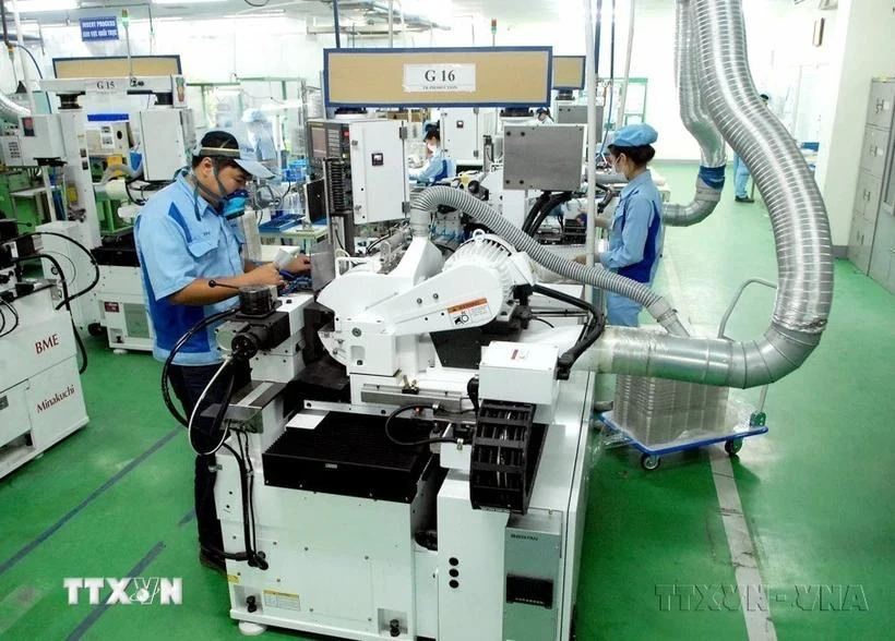 Workers produce electronic components at the factory of the Japanese-invested INOAC Co. Ltd in the Quang Minh Industrial Park of Hanoi. (Photo: VNA)