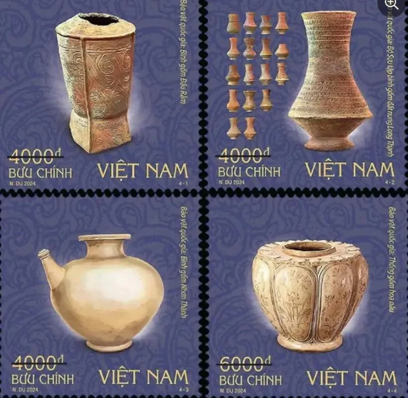 The new stamps feature the Dau Ram ceramic vase, the collection of Long Thanh terracotta vases, the Nhon Thanh ceramic vase, and the brown-flower ceramic jar. (Photo: Vietnam Post )