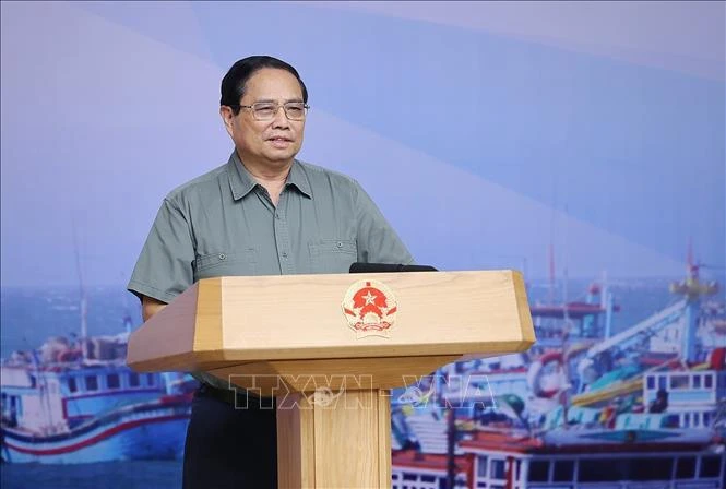 PM Pham Minh Chinh speaks at the August 28 meeting on IUU fishing prevention and control. (Photo: VNA)