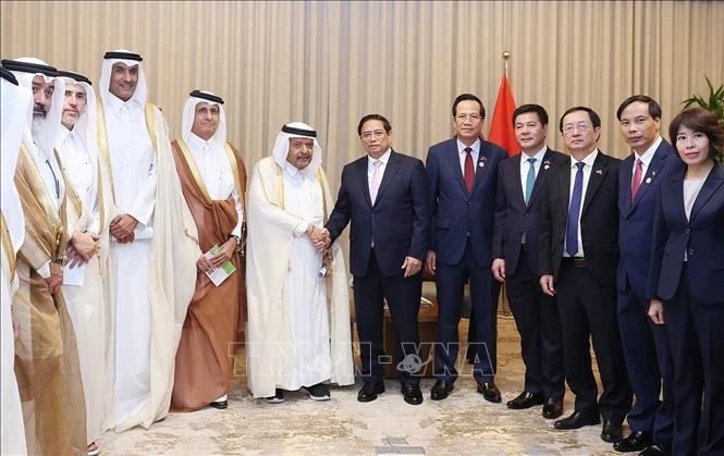 PM Pham Minh Chinh (sixth from right) receives the delegation of Qatari enterprises in Doha on October 31. (Photo: VNA)