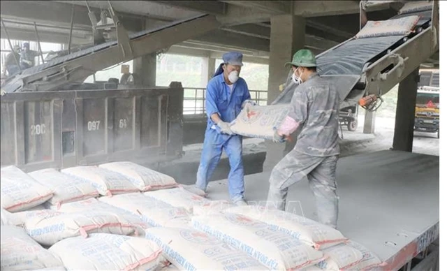 Workers load cement bags on a truck at a factory. (Photo: VNA)