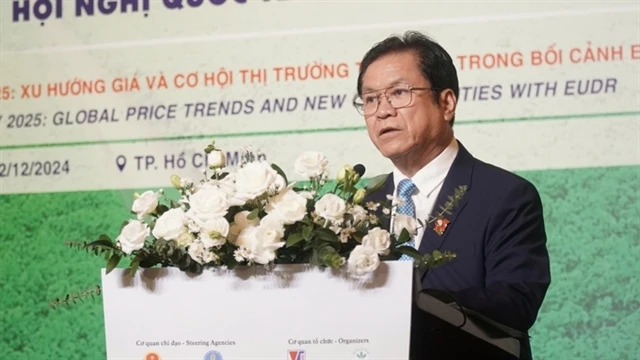 Le Thanh Hung, Chairman of the Vietnam Rubber Association, speaks at the international rubber conference in HCM City on December 12. (Photo courtesy of nongnghiep.vn)