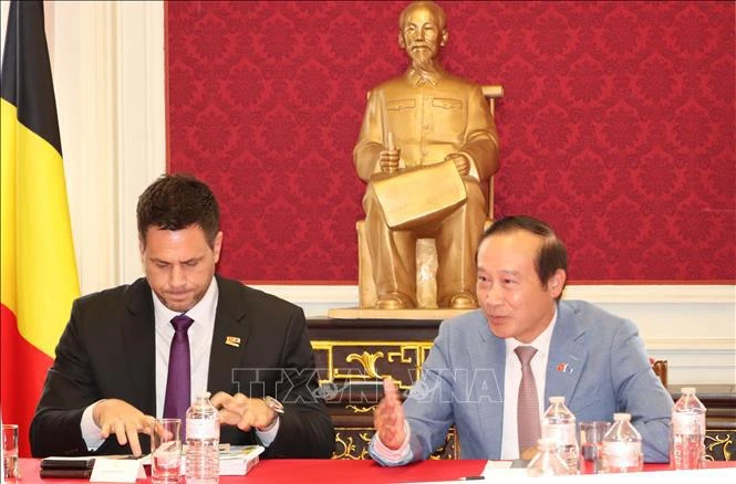 L'ambassadeur du Vietnam en Belgique et chef de la délégation vietnamienne auprès de l'UE, Nguyen Van Thao (droite), s'exprime au séminaire. Photo: VNA