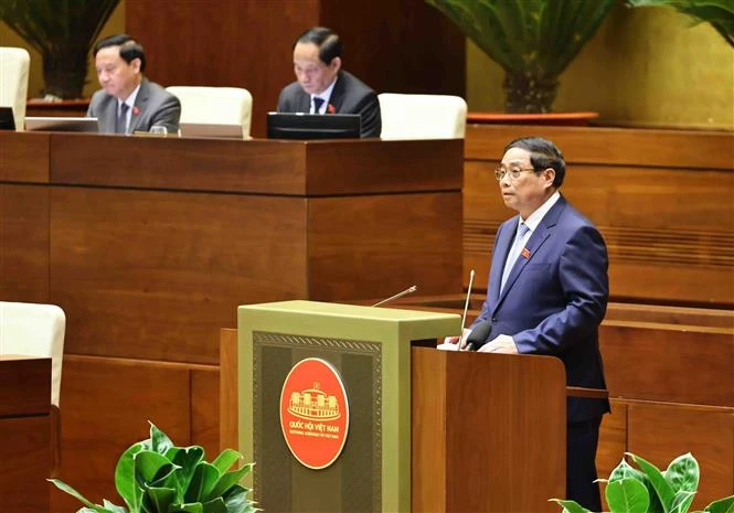 Le Premier ministre Pham Minh Chinh prononce un discours dans le cadre de la 8e session en cours de la 15e Assemblée nationale (AN), le 12 novembre. Photo: VNA