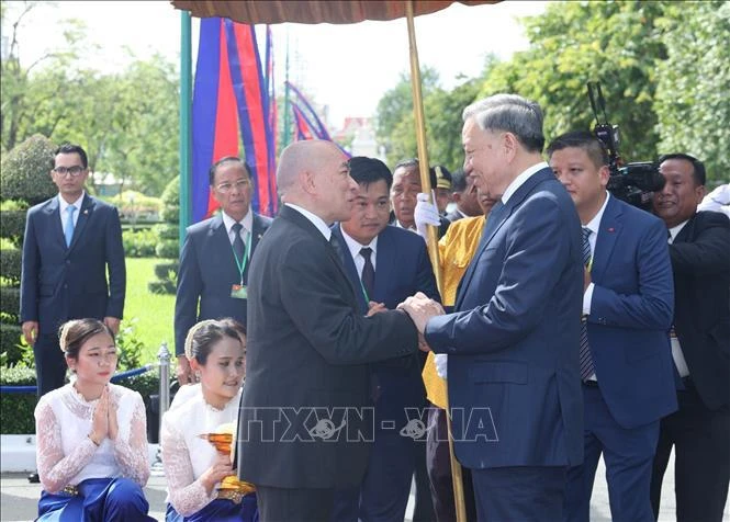 El rey camboyano, Norodom Shihamoni (en la izquierda), recibe al presidente vietnamita, To Lam (en la derecha). (Fuente: VNA)