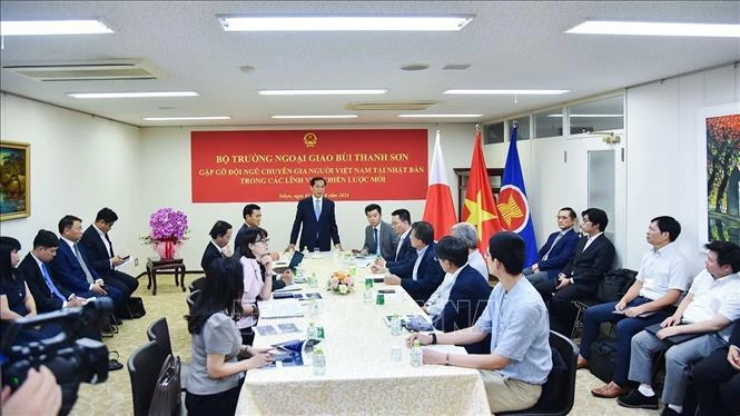 El ministro de Relaciones Exteriores de Vietnam, Bui Thanh Son, habla en el encuentro con intelectuales connacionales residentes en Japón. (Fuente:VNA)