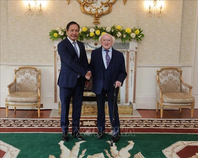 El embajador de Vietnam en Reino Unido, concurrente en Irlanda, Do Minh Hung, y el presidente de Irlanda, Michael D. Higgins. (Fuente:VNA)