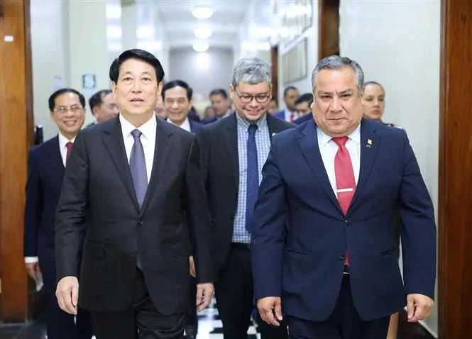 El presidente vietnamita, Luong Cuong, se reunió con el titular del Consejo de Ministros, Gustavo Adrianzén. (Fuente: VNA)