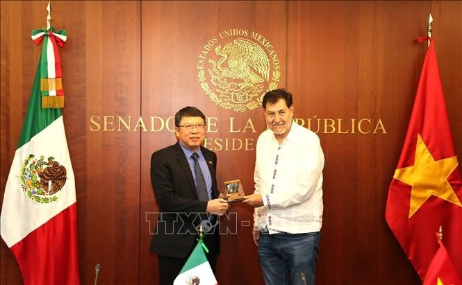 El presidente del Senado de México, Gerardo Fernández Noroña, entregó un regalo de recuerdo al embajador designado vietnamita, Nguyen Van Hai. (Fuente: VNA)