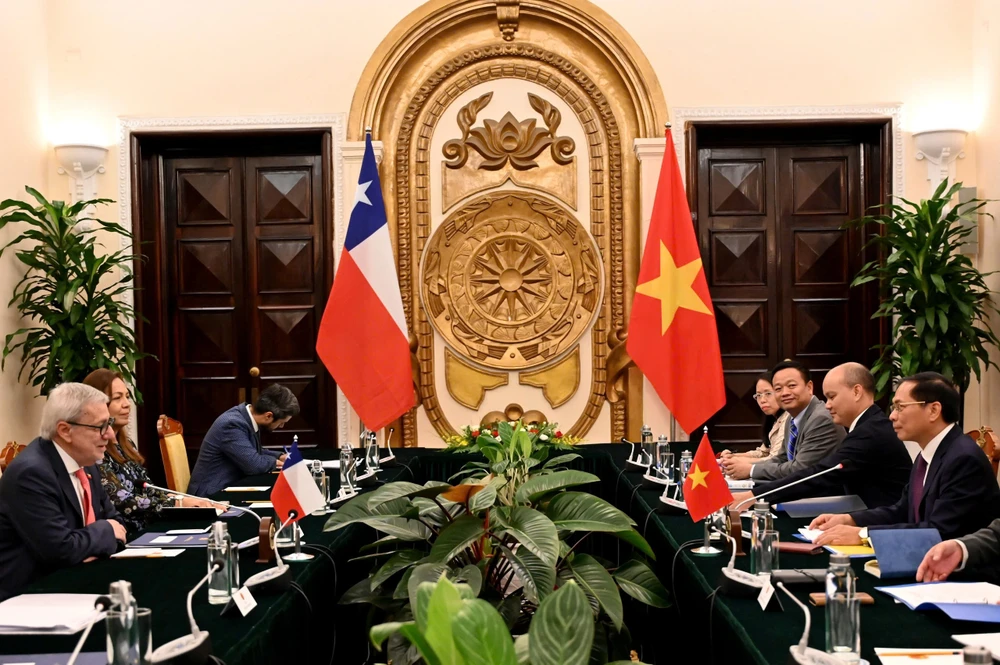 Durante la reunión en Hanoi entre el ministro vietnamita de Relaciones Exteriores, Bui Thanh Son, y su homólogo chileno, Alberto Van Klaveren. (Fuente: VNA)