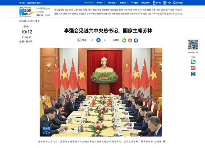 Xinhua informa sobre la reunión entre el primer ministro chino, Li Qiang, y el secretario general del Partido Comunista y presidente de Vietnam, To Lam (Fuente: VNA)