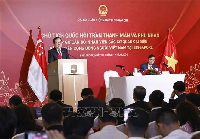 El presidente de la Asamblea Nacional de Vietnam, Tran Thanh Man, habla en la reunión con representantes de la comunidad coterránea en Singapur (Fuente: VNA)