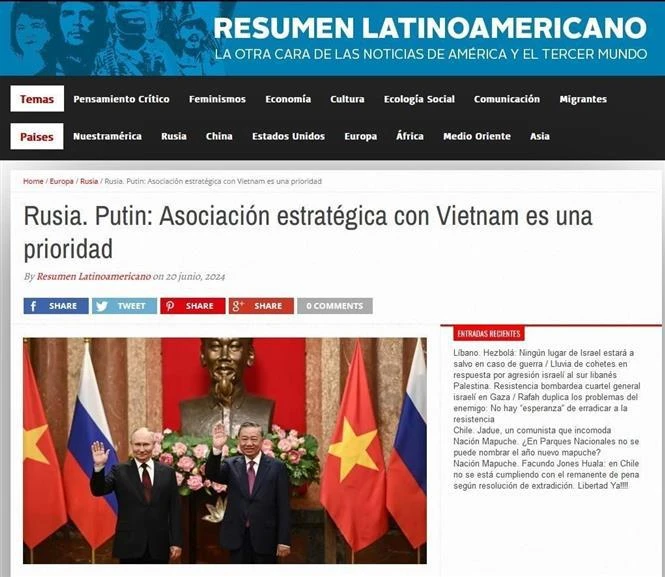 Capture d'écran d'un article du Resumen Latinoamericano sur la visite du président russe Vladimir Poutine au Vietnam. Photo: VNA