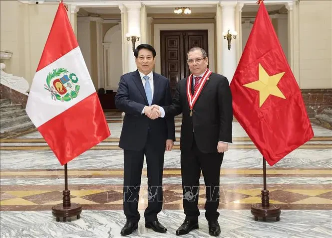 Le président Luong Cuong (gauche) et le président de la Cour suprême du Pérou Javier Arévalo Vela. Photo: VNA