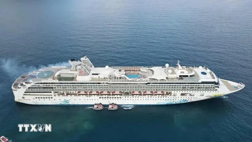 Le navire de croisière international Resorts World One a fait escale à Côn Dao ce dimanche matin, emmenant plus de 2000 visiteurs étrangers pour une journée d'exploration. Photo : VNA