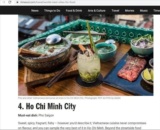 Le célèbre magazine de voyage britannique Time Out vient d’annoncer sa liste « The world’s 20 best cities for food right now » (20 meilleures villes du monde pour se nourrir), où Hô Chi Minh-Ville se classe 4e, Photo : capture de l'écran 