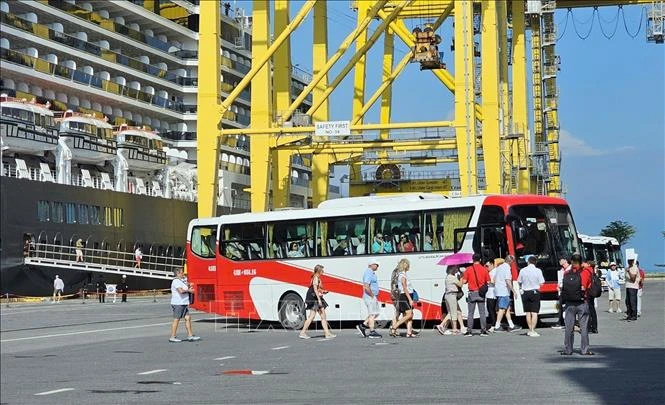 Les croisiéristes du Noordam prennent le bus pour visiter la ville de Da Nang. Photo : VNA