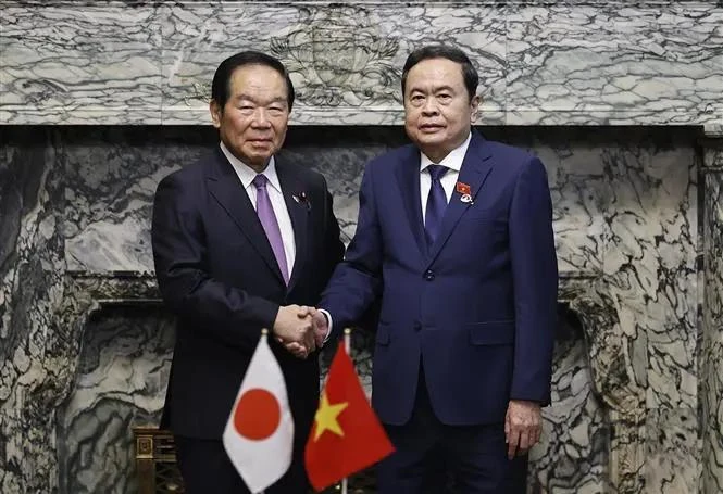 Le président de l'Assemblée nationale (AN) du Vietnam Tran Thanh Man (à droite) s'est entretenu le 4 décembre avec le président de la Chambre des représentants du Japon, Nukaga Fukushiro. Photo : VNA