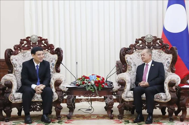 El viceprimer ministro de Laos Kikeo Khaykhamphithoune recibe al titular de la Asociación de Amistad Vietnam-Laos, Nguyen Dac Vinh. (Foto: VNA)