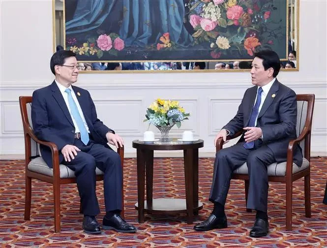 El presidente de Vietnam, Luong Cuong, (D) se reúne con el jefe de la Región Administrativa Especial de Hong Kong (China), Li Jiachao. (Fuente: VNA)