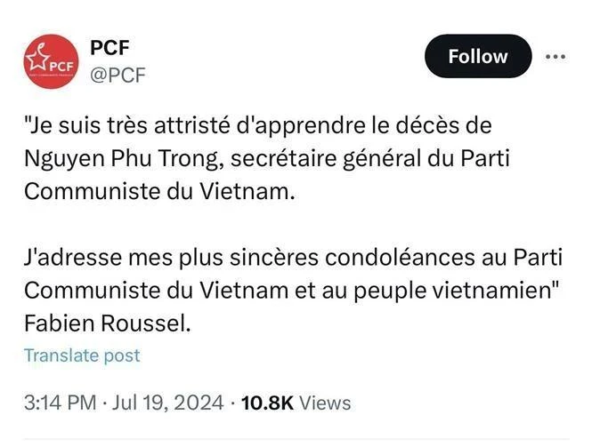 Les condoléances du chef du Parti communiste français, Fabien Roussel, à la page X du Parti communiste français. Photo : VNA