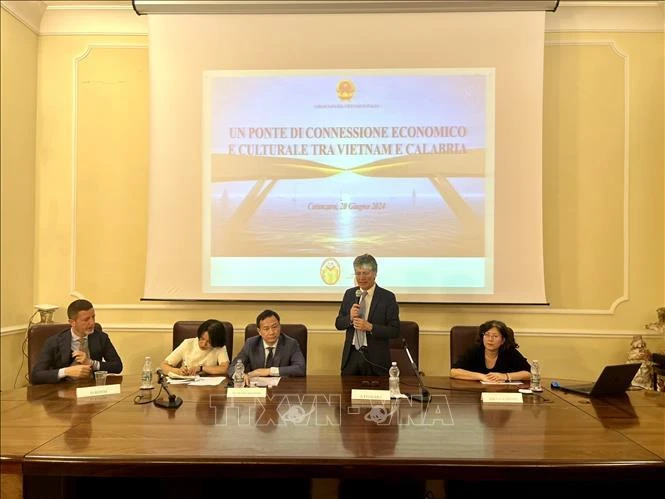 Vietnamese Ambassador to Italy Duong Hai Hung speaking at Vietnam-Calabria Connection Forum in Cantazaro city (Photo: VNA)