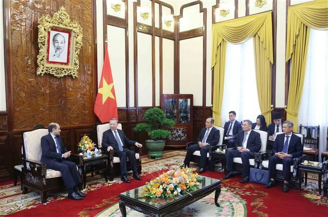 President To Lam and Indian Ambassador to Vietnam Sandeep Arya at their meeting in Hanoi on June 26. (Photo: VNA)