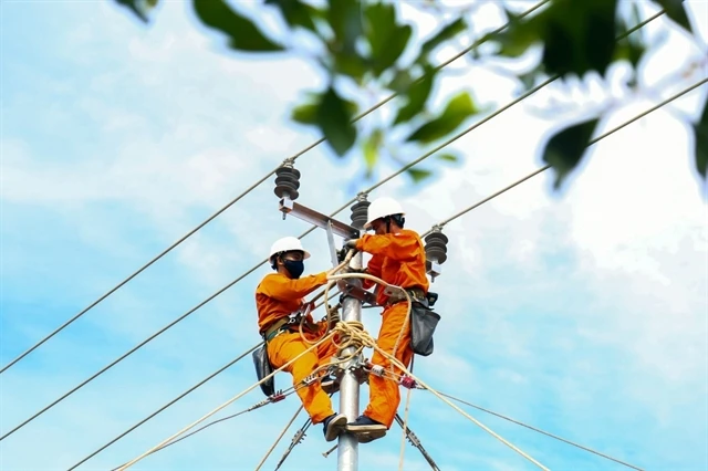 EVN workers check the transmission system. (Photo: VNA)