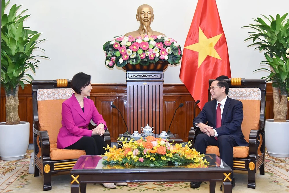 Deputy Prime Minister and Minister of Foreign Affairs Bui Thanh Son (R) Korean Minister of Small- and Medium-sized Enterprises and Startups Oh Young-joo at their meeting in Hanoi on August 29. (Photo: VNA)