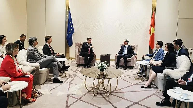 At the meeting between Deputy Prime Minister and Minister of Foreign Affairs Bui Thanh Son (R) and Vice-President of the European Commission Margaritis Schinas in Ho Chi Minh City on October 21. (Photo: VNA)