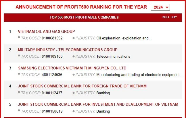 A screenshot of the rankings published on the website profit500.vn.