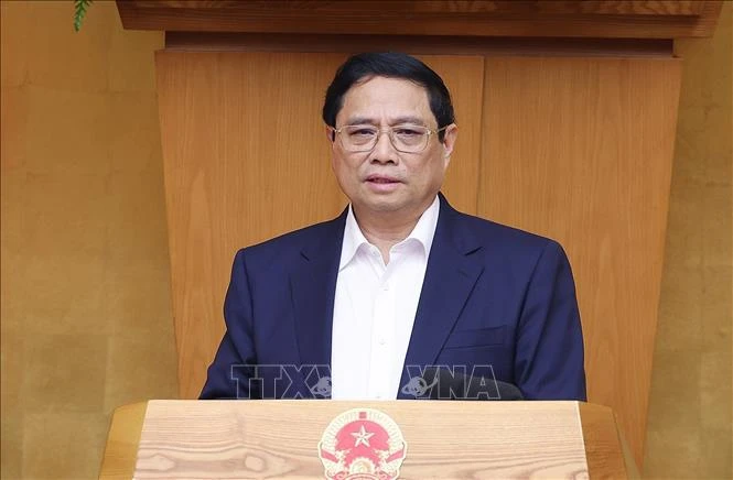 El primer ministro Pham Minh Chinh interviene en la reunión (Foto: VNA)